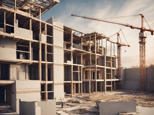 Illustration of futuristic city skyline with construction cranes and modern buildings, representing real estate and construction industry trends.